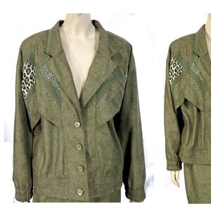 Vintage 80s Oversized Dolman City Girl Olive Green Mixed Animal Print Jacket L